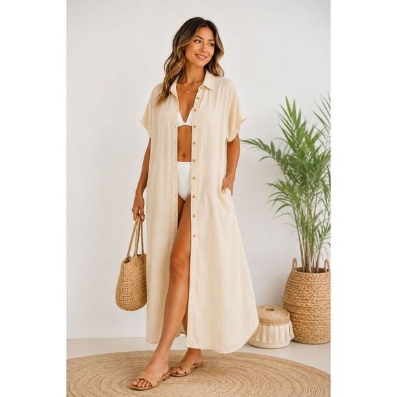 Cupshe Other - Cupshe Cotton Gauze Maxi Cover Up Shirt Dress Beach Duster One Size